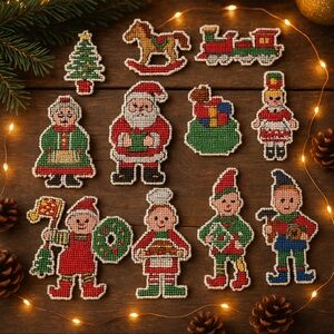 Vintage Handmade Needlepoint Christmas Ornament Lot of 11 Santa Elves Mrs Claus